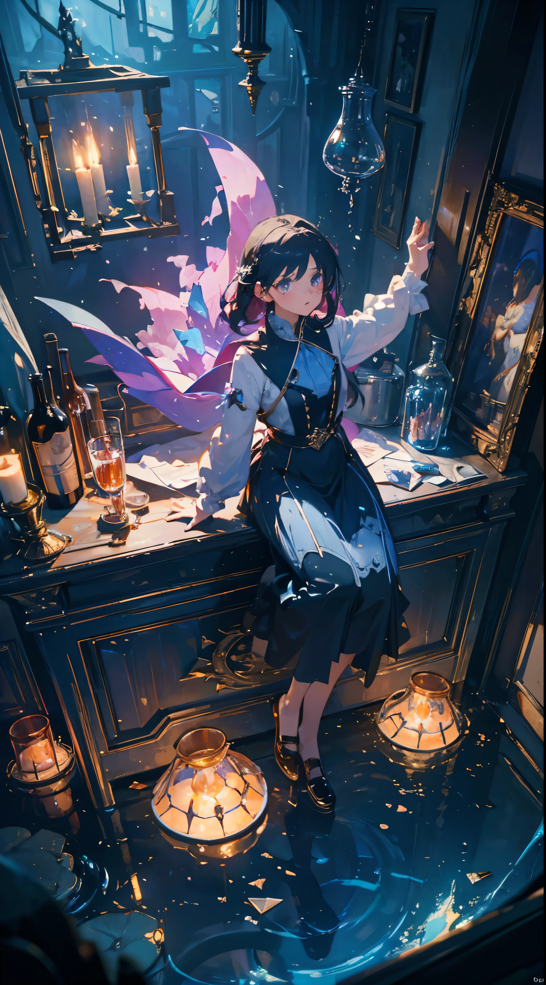 (masterpiece、Highest quality、Official Art:1.2)、Look at the viewers、((One Girl))、solo、glass island、Glass shards fly、In a clear wine glass, Colorful water levitation、(2D:1.5), Surrealism, chiaroscuro, cinematic lighting, UHD, high details, best quality, highres, 8k