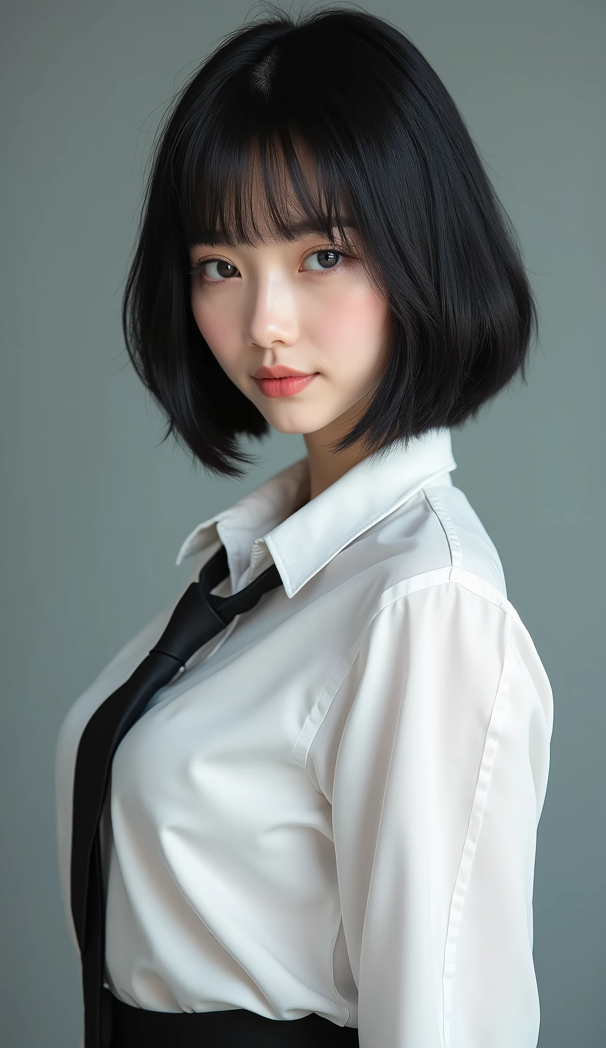 Neat、I am half Japanese and half Russian, a beautiful woman、I am a 1。Black Hair、Medium straight short bob hairstyle、Beautiful small face with short eyelashes、Boyish eyes、High nose、Deep blue eyes、Very thin upper lip、smile、Milky skin、Accurate and attractive body shape、Beautiful bust、Waist、Hip、Thighs、knees、foot、tie、I am wearing a white collared shirt。Real Stick、Masterpiece、Highest quality