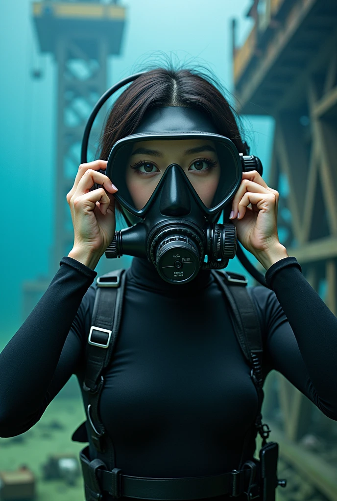 ultra-realistic, photorealistic, 20 years old Japanese famous idol girl, very beautiful Japanese but commercial diver, full-makeup, She works in undersea steel construction, masterpiece, (face focus:1.3), beautiful eyes, (wearing commercial diving suits with scuba equipment), (fully equipped for scuba diving:1.3), (putting on a full face scuba mask:1.5), (putting scuba breathe mask on the mouth:1.5), large breasts