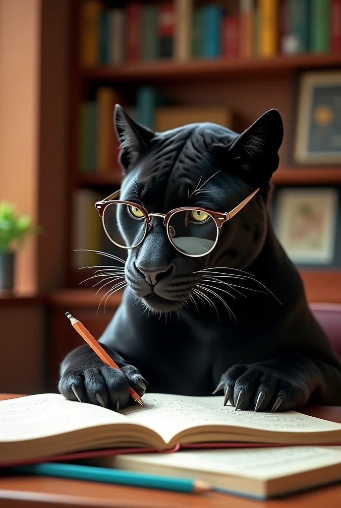 Create an image of a Black Panther studying math and wearing glasses