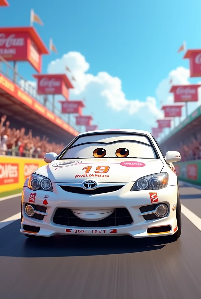 A white Toyota Harrier with a Disney Cars vibe, cutely designed.、Racing spec