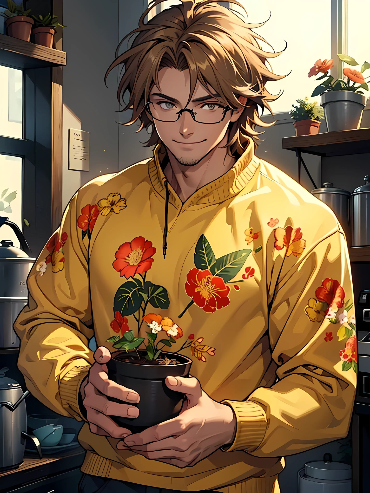 {{BEST QUALITY}}, {{ULTRA HD}}, hot man, light brown messy hair, golden eyes, smile, sweatshirt with flower print, ultra messy, muscular, ultra handsome, nerd, holding a pot with a *Venus flytrap*