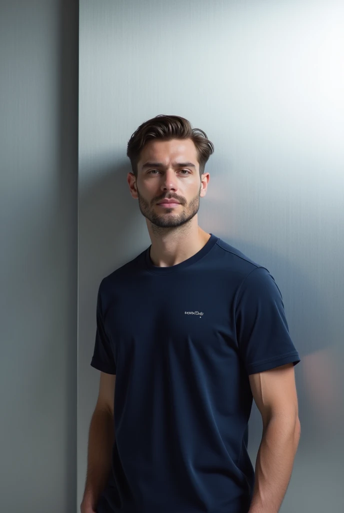 The image is a landscape-oriented composition with a soft silver background covering 60% of the space, creating a modern and refined backdrop. Positioned in the right corner, a man wearing a navy blue t-shirt stands with an upright, slightly angled posture, his gaze directed forward, exuding calm confidence. The navy blue of his t-shirt contrasts richly with the soft silver background, adding depth and a focal point to the image. Soft, even lighting enhances the background with a gentle gradient, subtly highlighting the texture of the t-shirt and adding dimension to the scene. In the upper left corner, the brand name Vogue de Ciél is elegantly placed in a sophisticated white font,providing a striking contrast against the soft silver. This placement and color choice ensure the brand name stands out while maintaining the image’s overall balanced and minimalist aesthetic, reinforcing the brand's identity of elegance and sophistication.