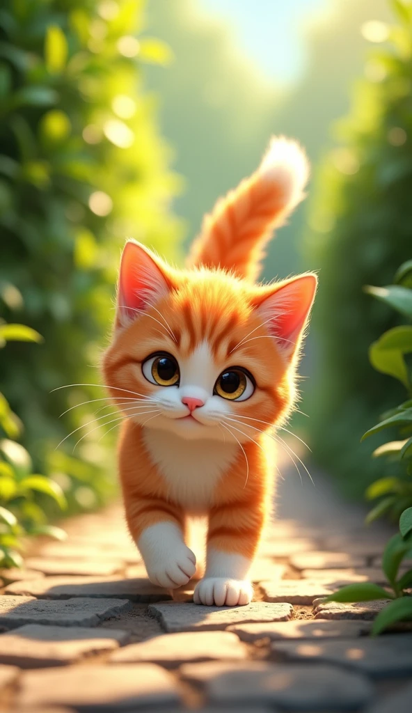  A beautiful cat with soft orange and white fur, Strolling down a narrow and peaceful path. The cobblestone path lined with lush green bushes on either side. Sunlight streams through the leaves, Creating shimmering spots on the ground. The cat walks softly step by step, Tail held high and a gentle wag of the tail, Cute and adorable 3D animation
