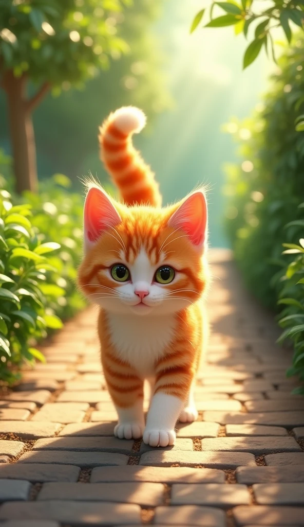  A beautiful cat with soft orange and white fur, Strolling down a narrow and peaceful path. The cobblestone path lined with lush green bushes on either side. Sunlight streams through the leaves, Creating shimmering spots on the ground. The cat walks softly step by step, Tail held high and a gentle wag of the tail, Cute and adorable 3D animation