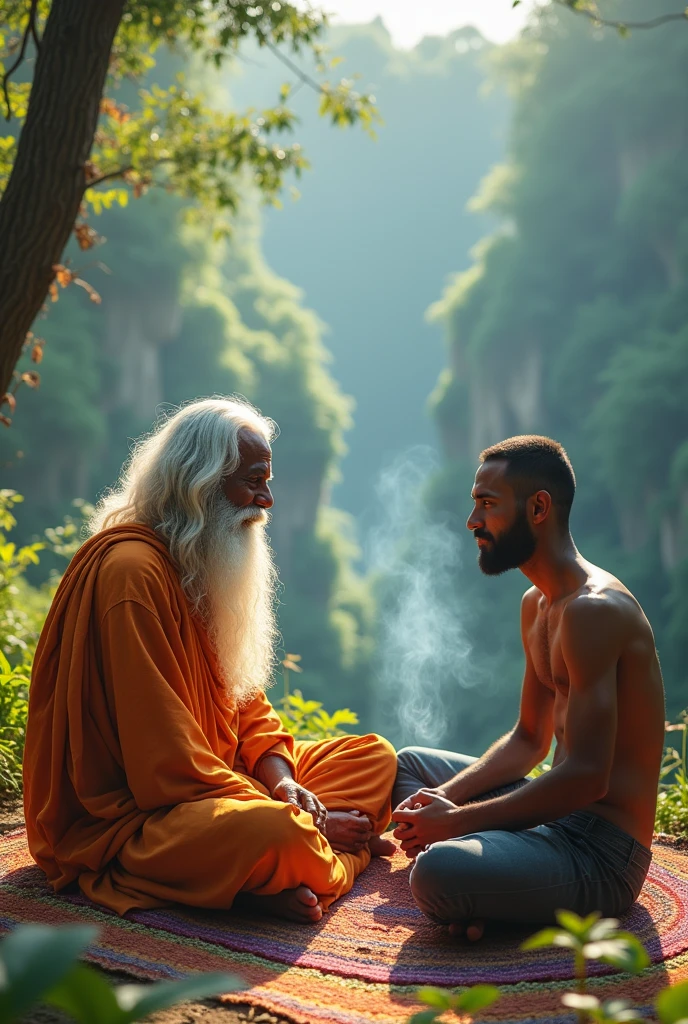 A ancient indian shadu with white hair and beard teaching his male student