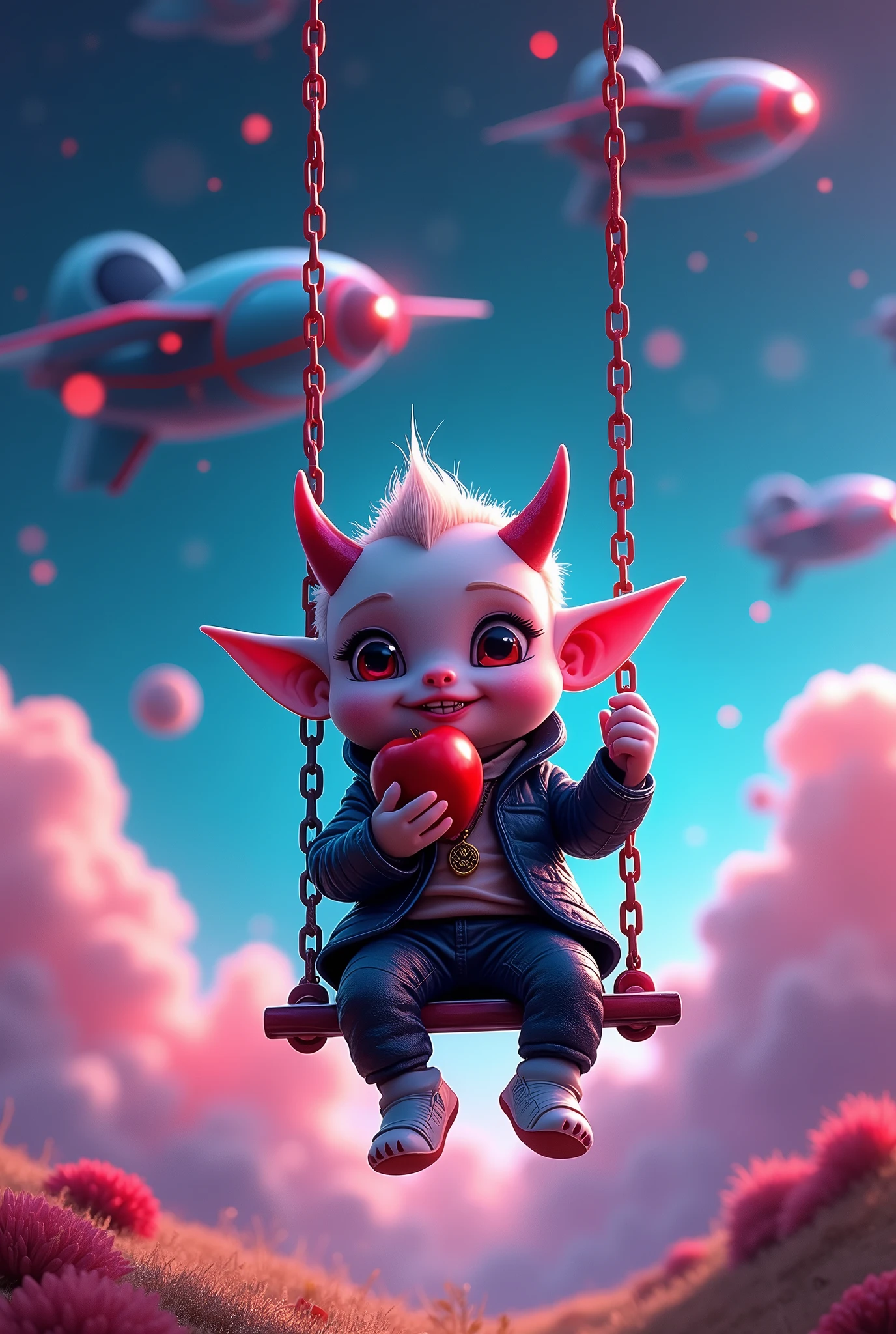 （role conception），一个cute小魔王巴巴塔坐在秋千上吃苹果：智慧之体of神秘外貌
在小说《Swallowed Star》middle，巴巴塔of外貌被描绘得相当独特且富有想象力。（），（Has 2 small fangs：1.3），For intelligent life，他of存在可能更多地体现在层面和智能光脑等特殊装置所生成of能量体上。三角形未来深蓝色战机悬浮在空middle，
Race and identity：巴巴塔是陨墨星之主呼延博创造of智能核心，经过长年累月of学习升级，Evolution into &quot;intelligent life&quot;。
head：巴巴塔拥有额头两根尖角of特征，这为他增添了几分神秘和威严of气息，他of双眸血红，透露出深邃与智慧of光芒。
Wear：高科技材质of战衣。cute。Science Fiction，of，Mecha，Cyberpunk，
