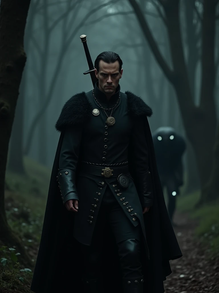 A serious man with a serious face, He wears beautiful, black medieval clothing, He walks in the darkness looking at the screen, He has a large sword on his back, And behind him is a dark forest with a monster watching him from afar with its white eyes.