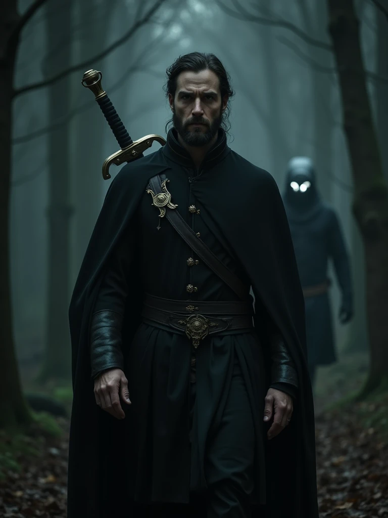 A serious man with a serious face, He wears beautiful, black medieval clothing, He walks in the darkness looking at the screen, He has a large sword on his back, And behind him is a dark forest with a monster watching him from afar with its white eyes.