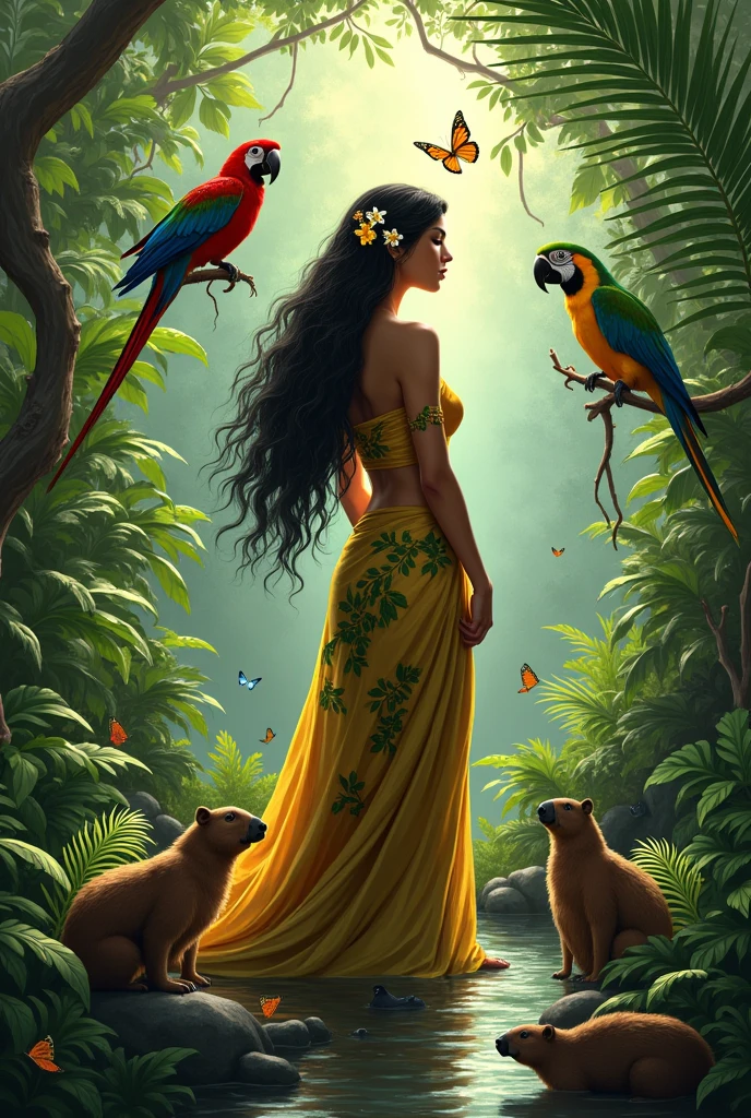 realistic styling, Brazilian woman, Brazilian animals, forst
