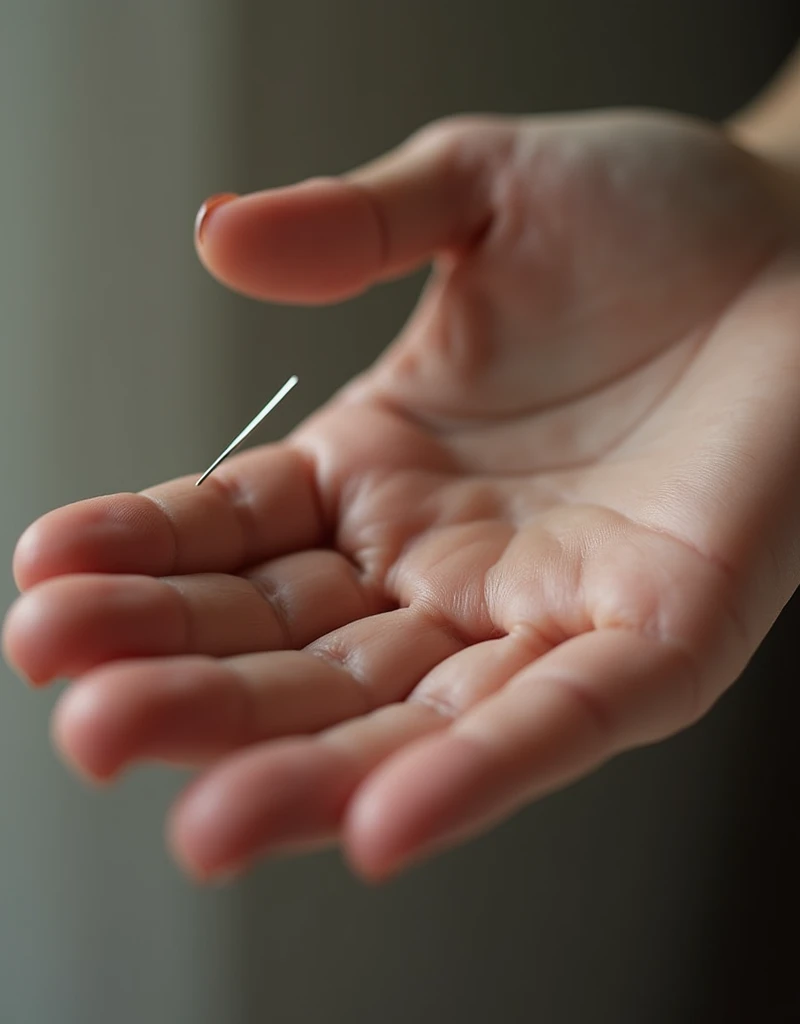 A delicate Caucasian woman's hand, intricately detailed with visible veins and knuckles, carefully holding a thin, shiny acupuncture needle. The image perfectly balances realism with depth, highlighting the unique texture of human skin and the sleek gleam of the needle. The background is intentionally blurred to keep the focus solely on the hand and the needle.
