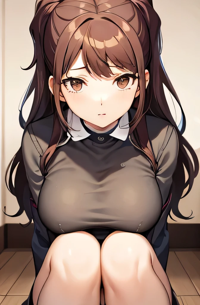 A high school girl with brown hair and brown eyes、She is wearing a tight-fitting high school uniform。.、She has E-cup breasts and thighs.、Spread your legs