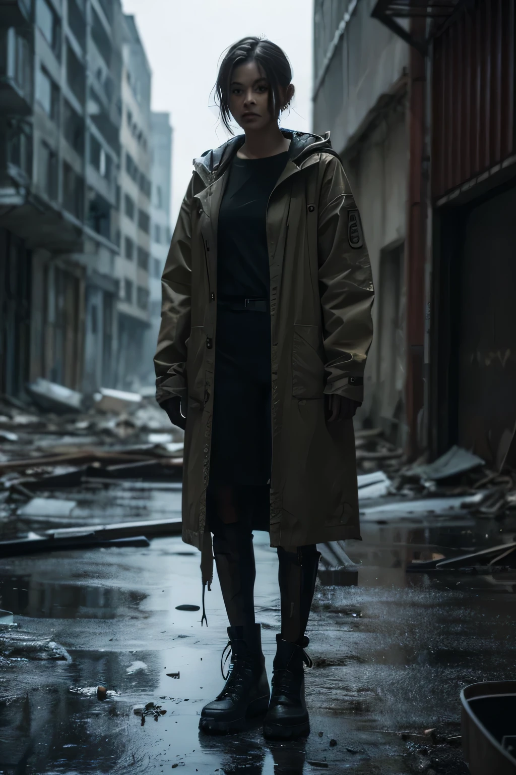 A researcher, wearing a researcher code or long code on the outside and post-apocalyptic clothing on the inside, stands in a ruined city.. Darkness, Old lab, Only the character part, female