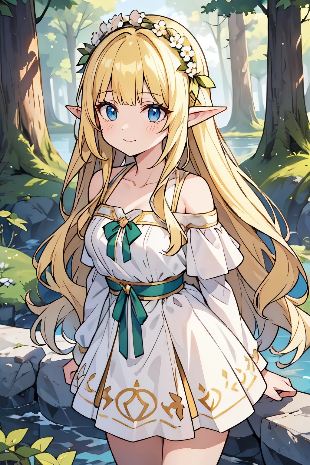  solo girl, (young female body:1.4), ( medium small breasts), cowboy shot, shy smile, flustered, yellow hair, extra long wavy hair, thick wavy hair, hime cut, very blunt bangs, yellow disheveled hair, light blue eyes, forest background, magical trees, river and rocks, elf ears, elf girl, white and light green dress, white green dress, off shoulder sleeves, white flower crown, exposed collarbones