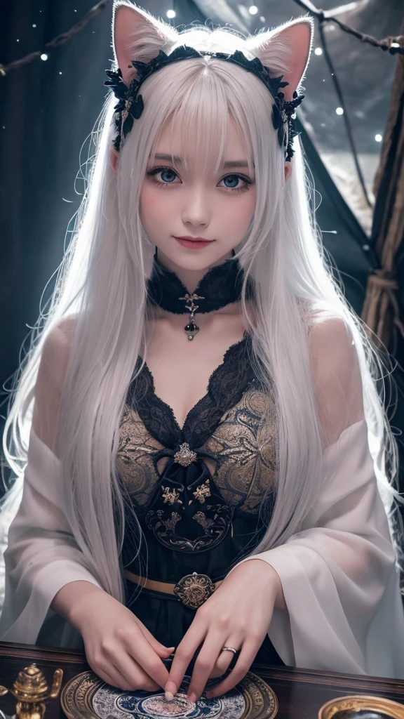 (masterpiece, highest quality, highest quality, official art, beautiful and aesthetic: 1.2), (one girl: 1.3), wavy long hair, white hair, Cat ears on the head,highly detailed portrait, highly detailed hands, looking at the viewer, alone, (whole body: 0.6), detailed background, close, shining eyes, (cold arctic winter theme: 1.1), fortune teller, Charlatan, grin, Mysterious, sitting at the table, カラフルな肩のないゆるいジプシーfortune tellerの服, holy grail, tarot cards, Crystal jade, Medieval (inner tent: 1.1) background, tent curtain on background, dark Mysterious lighting, Shadow, magical atmosphere, starry night, dutch angle, healing and guidance, transcendental beauty, fractal art, Seaweed,