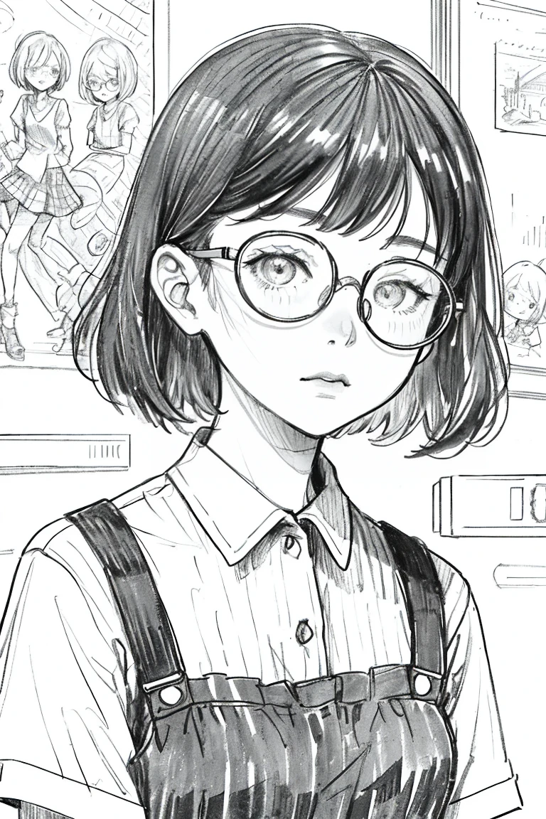 One Girl,Line art,Monochrome,sketch,Pencil drawing,Comic Strip、manga, Dystopia, Traditional Media,One Girl, alone、Round Glasses,Short Bob,(Detailed Background:1.3),Beaver ,woman,