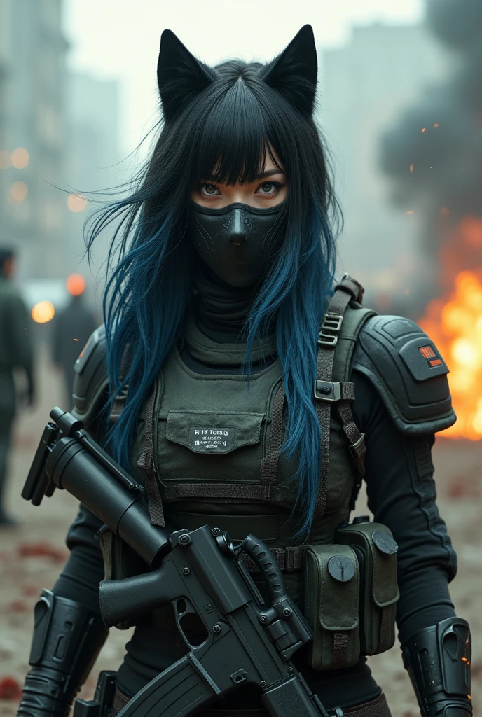 A female Call Of Duty soldier.

In your face, there is a Wolf Face Mask. The mask is large, it goes from nose to forehead, there are two holes in the mask where the woman's gray-green eyes are seen. The mask also doesn't show her mouth.

The Suit is black Military, full of weapons and sharp objects. 

The woman has Korean eyes, her hair is black with Korean bangs with blue streaks.

About the mask, She is a symbol of your past, she doesn't like to show any skin of her face, her face is a total mystery so there should not be any part of her face skin exposed.

The scenario should be cinematic, haos, deaths, bloodstains. The Style must be the same as Call Of Duty.
