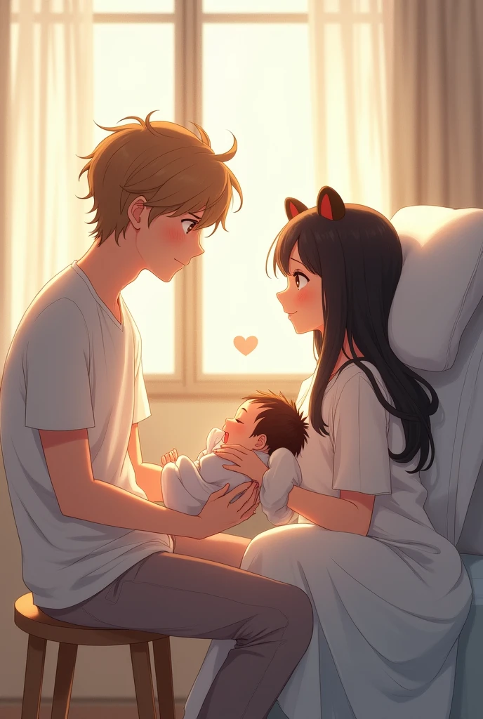 an anime man with brown-blonde hair and he is sitting on a stool while holding a baby next to a bed and his wife who is an anime woman with long back hair and brown cute bear ear is laying on the hospital bed