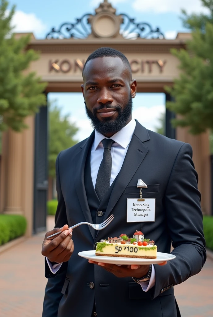 Creat an illustration of a black 24 year old man in a suit with a tag id hamging on his chest saying client relationship manager holding a fork that has a piece of cake that looks like a piece of land written 50 by 100 outside the gate of a city called konza city technopolis.and make sure the gate os written konza technopolis.he has faded haircut that is slightly cit and aalso faded beard