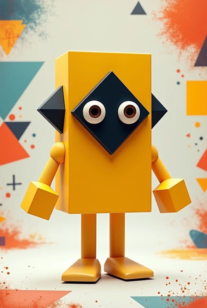 Personnage inspiré d'un losange avec des mains en carré un corps jaune pour c'est main en cube avec un réctangle en bras avec s'est poing en mini carré jaune une tête en frome de losange couleur agenda est noir avec des yeux marrons est du blanc un corps plat en forme de réctangle très long pour sont corps qui est en agenda s'est jambe sont des rétangle couleur jaune très clair des pied en forme de triangle plat couleur beige