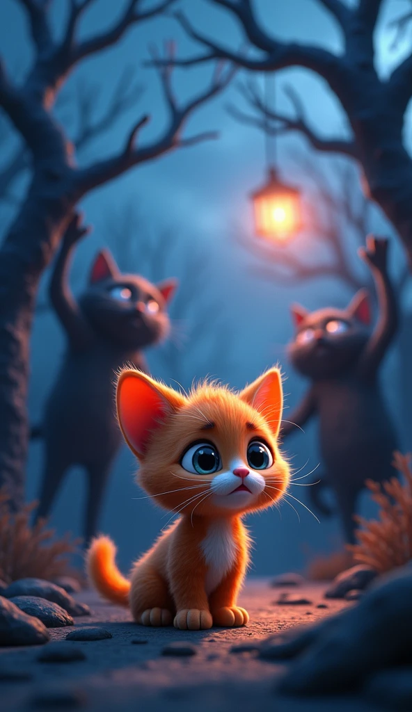 it saw a group of people taking its mother away 3d cartoon cute pretty dark, mother cat crying