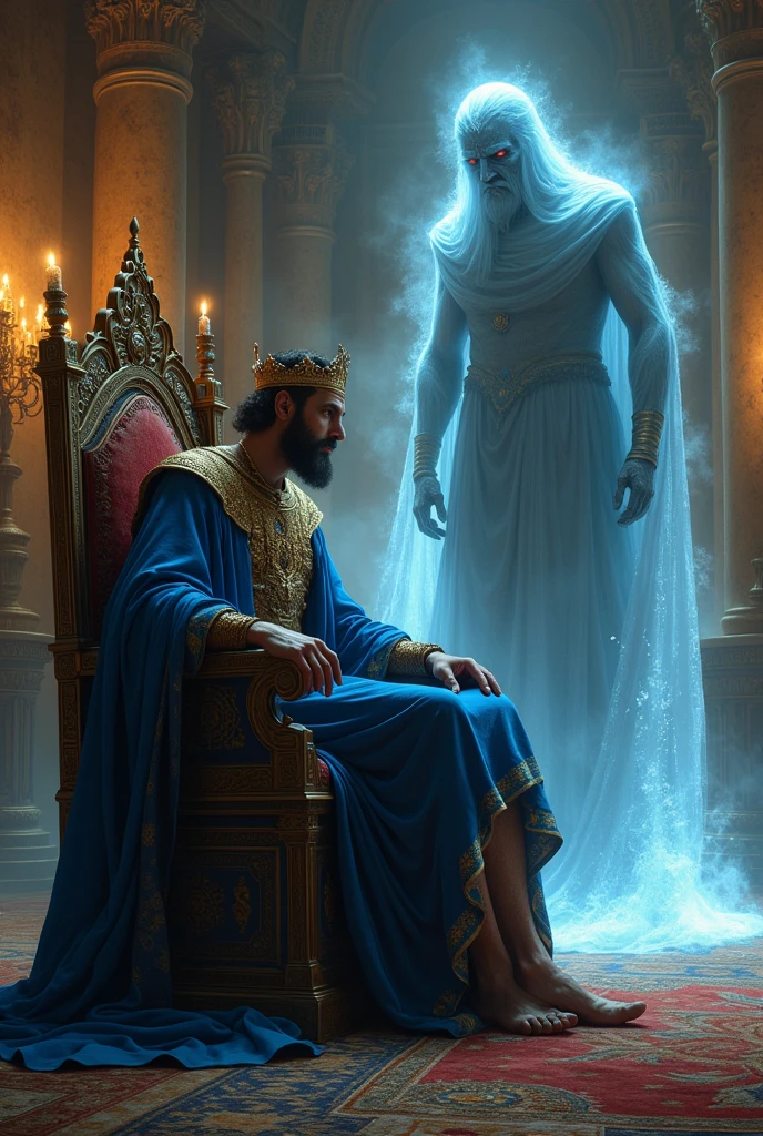 The big king Prophet sulaiman sitting on his chair and speaking with a powerful male ghost
