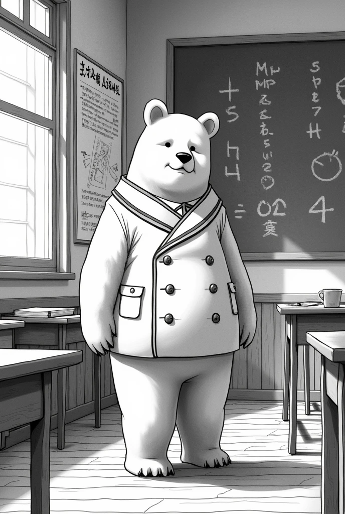 Generate me a black and white manga style of a bear wearing a gakuren in class room background
