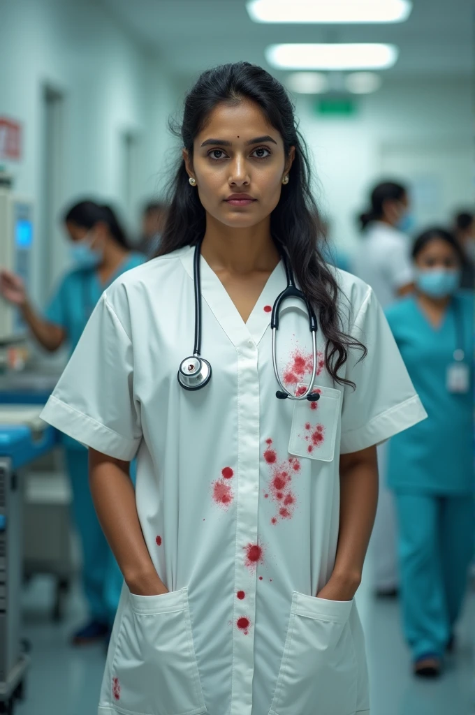 generate an image of an indian lady doctor with her uniform with blood sporlts and stethoscope in her neck