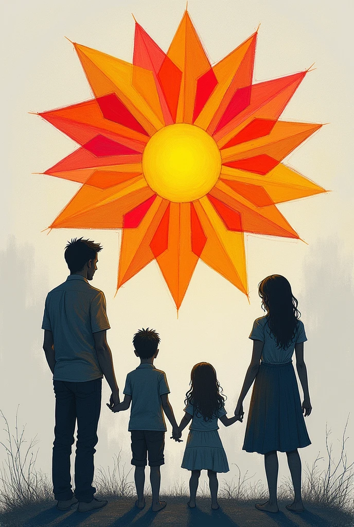 Create An abstract drawing made of shapes and make it simple and drawable in the middle is about 'happiest about meeting people that inspire you' and outside around the happiest is 'painful about a broken family '