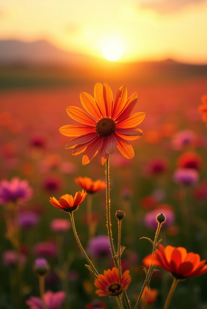 A field of flowers with many flowers of different colors and sizes. in the middle of the field, a flower with a broken petal, but still vibrant and beautiful. Ao fundo, a soft sunset illuminating the flowers, highlighting the beauty of diversity.