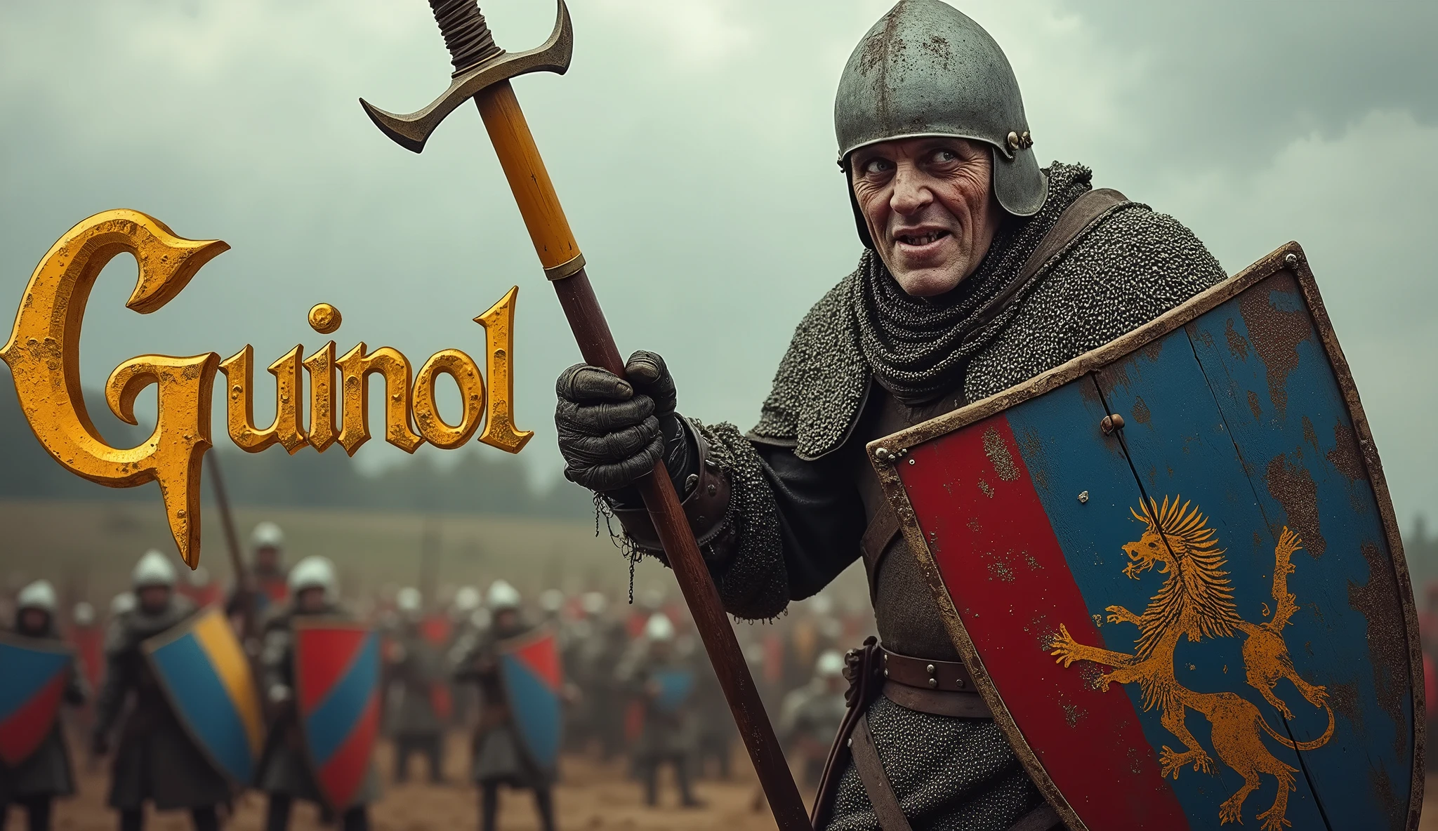 A movie poster depicting a soldier has white pale skin, carrying his child on his shoulders. holding a bloody two-handed sword. (medieval battered light armour & opened helmet, damaged by fighting, blue and red coat of arms). He's on a battlefield with (the words "Gudule" written in large golden letters in the foreground).