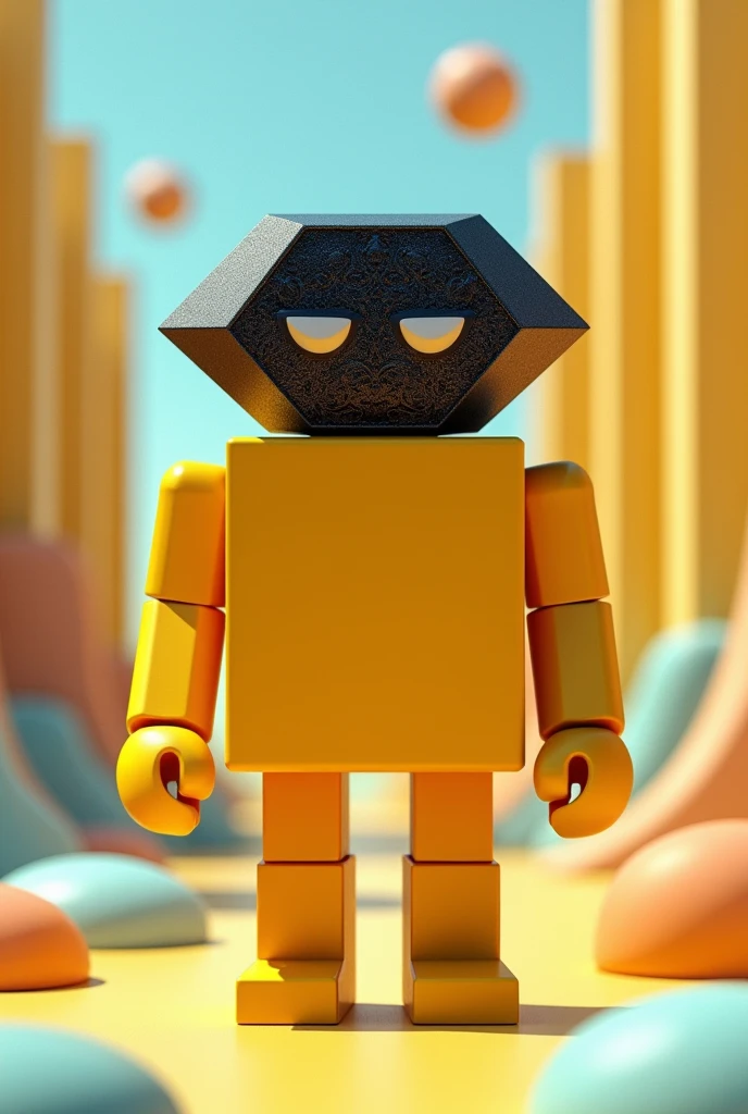 Personnage inspiré d'un losange avec des mains en carré un corps jaune pour c'est main en cube avec un réctangle en bras avec s'est poing en mini carré jaune une tête en frome de losange couleur agenda est noir avec des yeux marrons est du blanc un corps plat en forme de réctangle très long pour sont corps qui est en agenda s'est jambe sont des rétangle couleur jaune très clair des pied en forme de triangle plat couleur beige  est un esprit de combattant 