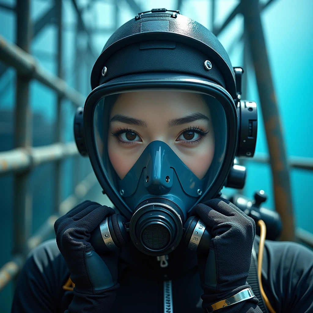 ultra-realistic, photorealistic, 20 years old Japanese famous idol girl, very beautiful Japanese but commercial diver, full-makeup, She works in undersea steel construction, masterpiece, (face focus:1.3), beautiful eyes, (wearing commercial diving suits with scuba equipment), (fully equipped for scuba diving:1.3), (putting on a full face scuba mask:1.5), (putting scuba breathe mask on the mouth:1.5), large breasts