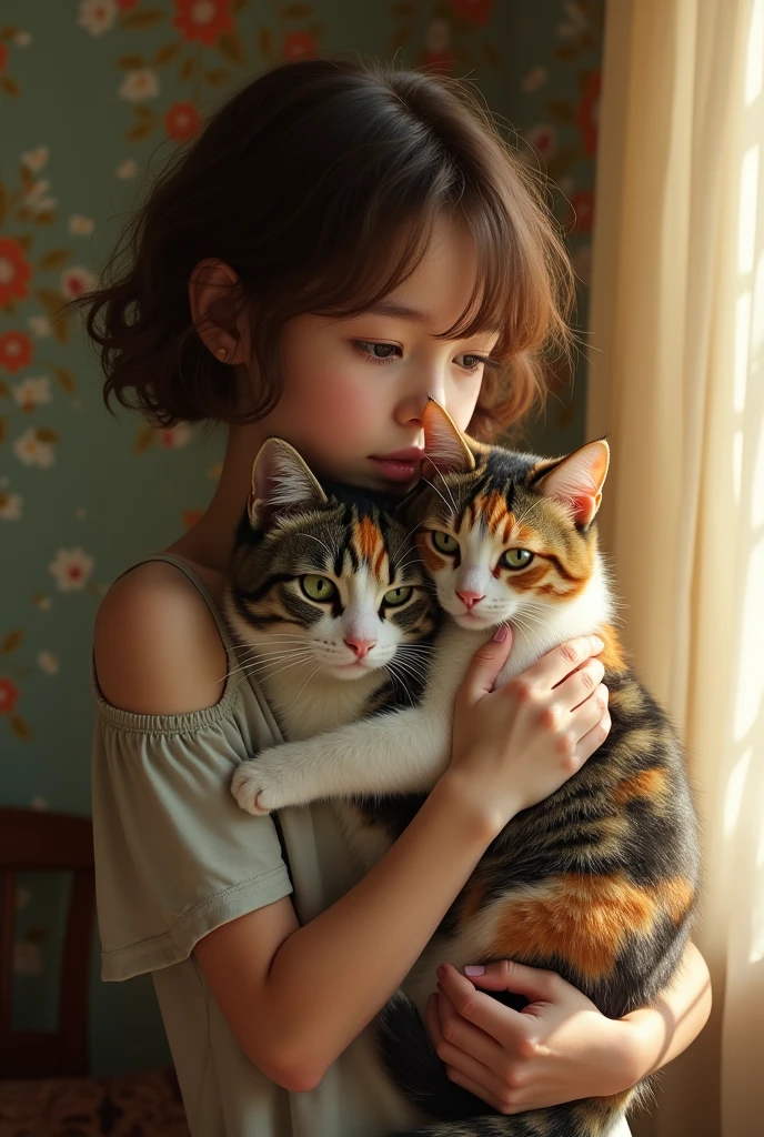 20 year old girl with sad eyes, short brown wavy hair, parts, long nose hugging two cats: one is gray and white and the other is tricolored.