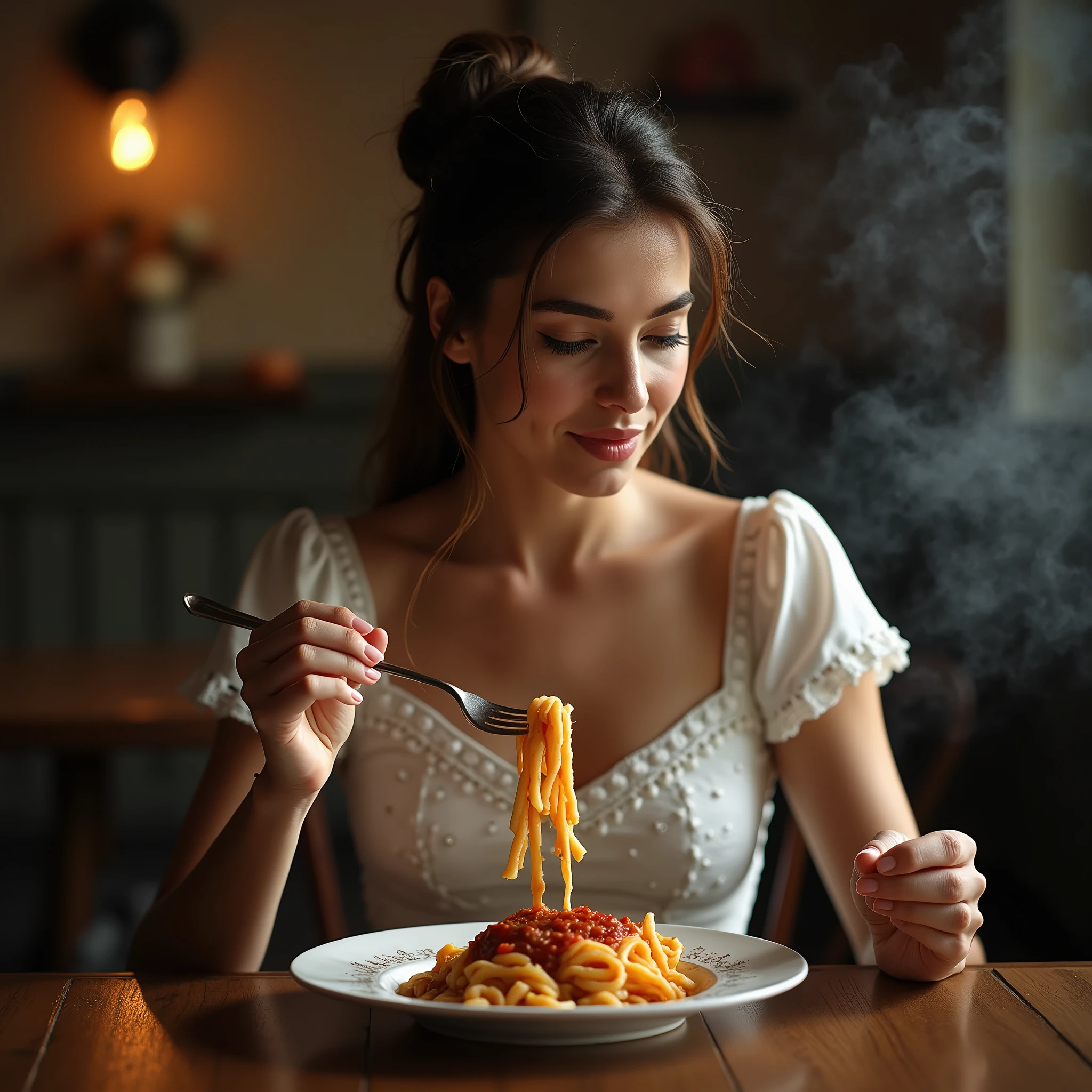 A stunning brunette Italian woman, Knotted hair at the back with a simple wooden stick, dressed in a sober and simple housewife dress, with a balconette neckline (The hem of the neckline is embroidered in white. On the edge of the neckline there is a thin white embroidery), sits at a table of a home cooking restaurant. (She looks at fork:1.5). (focus on fork:1.4). She's about to indulge in a gourmet dish, Macceroni with tomato meat sauce, a beautifully plated culinary masterpiece with artistic presentation. The woman is holding the fork intent in the act of skewering a succulent macaroni soaked in meat sauce. Slightly open mouth. Her eyes looking at maccheroni light up with excitement as she takes a delicate bite, savoring the flavors. The soft ambient lighting of the restaurant highlights her graceful posture, creating a perfect blend of luxury dining and sophisticated beauty. , realistic, masterpiece, anatomically correct, textured skins, high details, high quality, [[photorealistic Chromatic aberration]], digital photograph, HDR, high contrast, (cowboy shot), realistic hands. [Entire scene is surrounded by mist, evoking a mysterious and eerie atmosphere. The lighting is dark and atmospheric, with smoke and fog adding a touch of sinister ambiance. Best quality image, HDR enhancement, showcasing the utmost level of detail and realism]. [8K, Best Quality, (highly detailed CG colored unity 8k wallpaper), (best photo), (best shadows), isometric 3D, octane rendering, ray tracing, highly detailed, (Best quality, 4K, 8k:1.2), absurdity, ultra detailed, (realistic, photorealistic, photorealistic:1.37), complex parts, HDR, (complex parts:1.12), (hyper detailed, hyper realistic, Soft lighting, spicy:1.2), (complex parts, Hyper detailed:1.15). Blurred foreground. (backlit), masterpiece, high quality, brightness, chromatic aberration, foggy smoke, shadows, contrast, (warm hue, warm tone), high details, natural reflections]. many details. Cinematic lights. photo