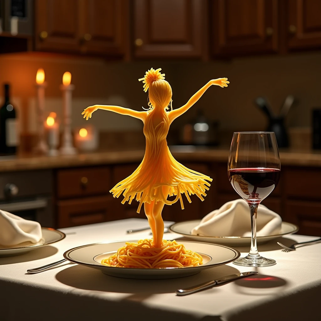 Create a whimsical and artistics scene featuring a single human-like figure made entirely of spaghetti. this figure should appear to dancing gracefully on a plate. The background should depict a cozy kitchen setting with warm, ambient lighting, creatinng a romantic and intimate atmosphere. include elements such as a glass of red wine and a beautifully set table to enhance the mood.