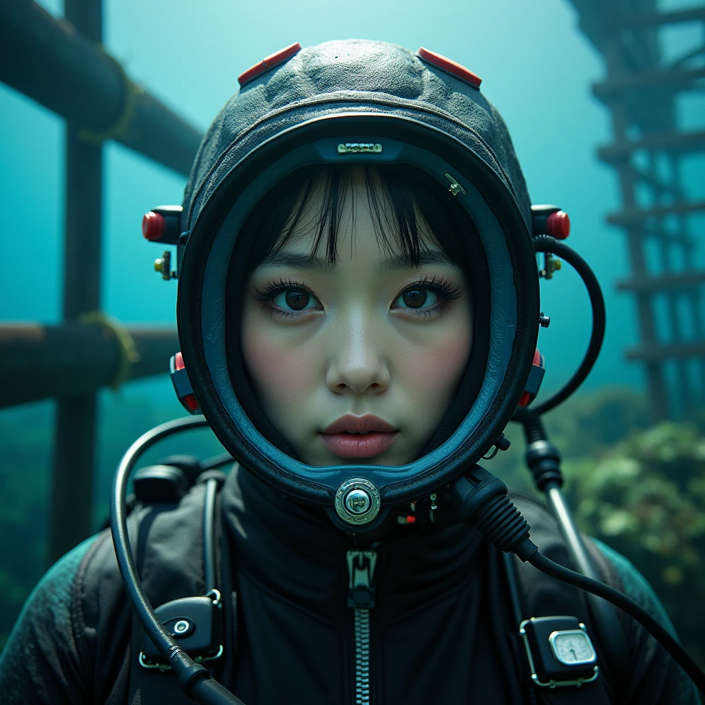 ultra-realistic, photorealistic, 20 years old Japanese famous idol girl, very beautiful Japanese but commercial diver, full-makeup, She works in undersea steel construction, masterpiece, (face focus:1.3), beautiful eyes, (wearing commercial diving suits with scuba equipment), (fully equipped for scuba diving:1.3), (putting on a full face scuba mask:1.5), (putting scuba breathe mask on the mouth:1.5), large breasts