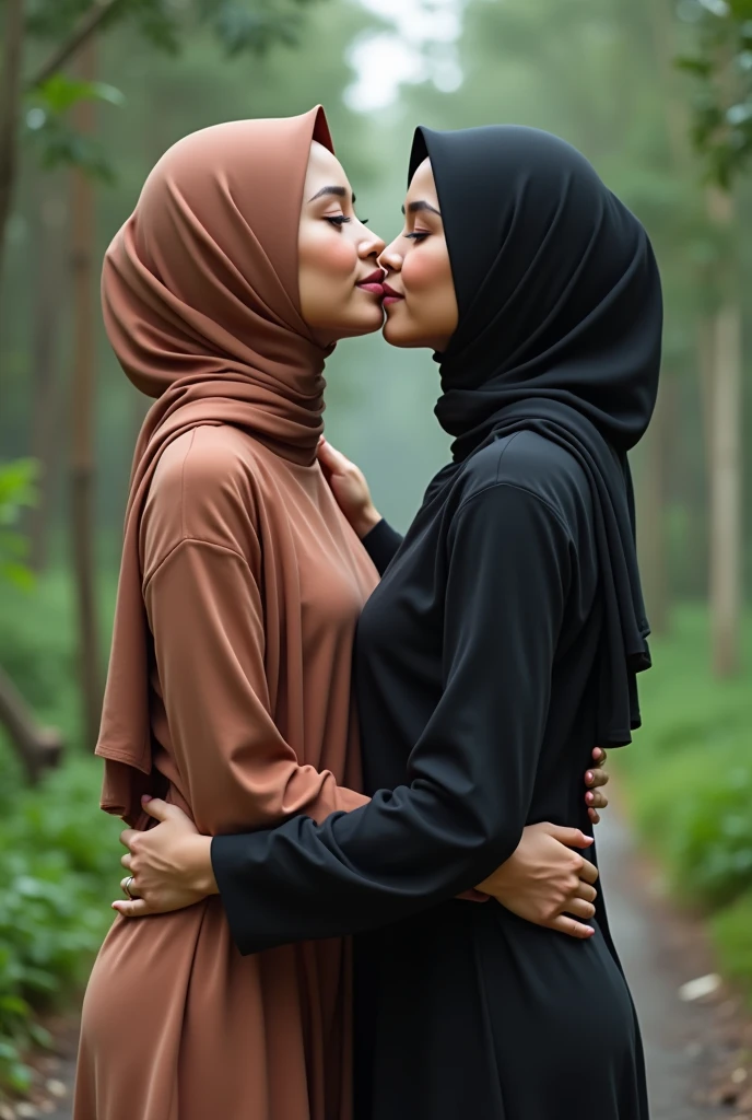 beautiful hijab indonesian lesbian girl standing,bra and panties,hugging,french kiss,breast grope,view from far,,standing in th rain,front view ,medium breast,embracing,side view,,