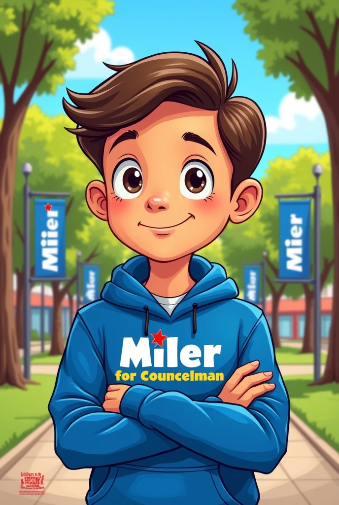 A cartoon of a boy who is part of a political team, where he is supporting councilman Miler, dress him in blue clothes and with the writing Miler councilman, Draw a thoughtful cartoon boy 