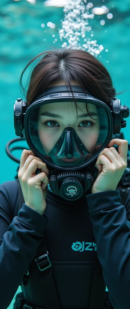 ultra-realistic, photorealistic, 20 years old Japanese famous idol girl, very beautiful Japanese but commercial diver, full-makeup, She works in undersea steel construction, masterpiece, (face focus:1.3), beautiful eyes, (wearing commercial diving suits with scuba equipment), (fully equipped for scuba diving:1.3), (putting on a full face scuba mask:1.5), (putting scuba breathe mask on the mouth:1.5), large breasts