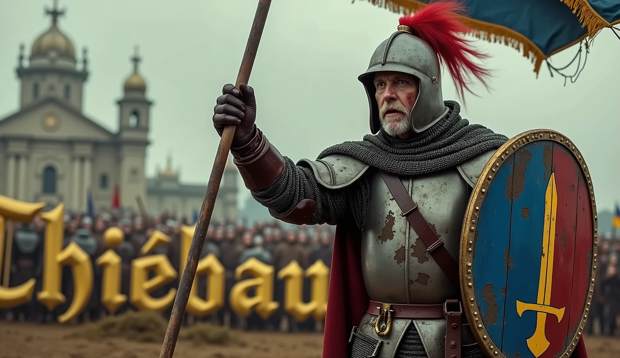 A film scene depicting a pikeman brandishing a (banner blue and red shield with thin vertical yellow sword painted upwards coat of arms), and carrying a sword, damaged by fighting. (medieval battered chain mail, helmet with a flag on top, leather gloves, very battle-damaged). He has white pale skin and lumps on his face. (He's on a battlefield with the words "Thiébaut" written in large golden letters in the foreground).