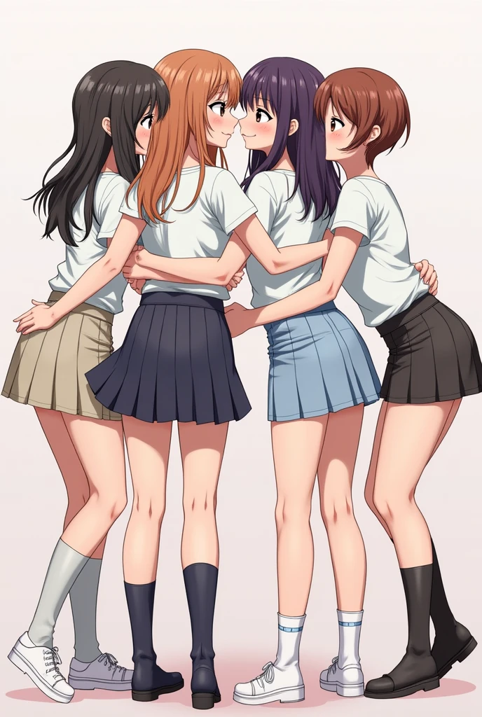 4 people wearing short skirts、Exposed girls kissing