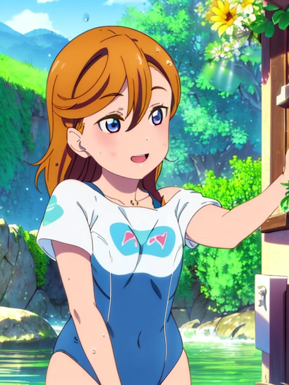 (Masterpiece, Best Quality, High Quality), (chibi),kousaka honoka, volumetric lighting, illustration, blue eyes,beautiful, tight ,(wet:1.2), wet thighs,Blushing, breasts, looking at viewer, flowers printed leotard swimsuit, white swimsuit,solo, curvy body,under water, floral print, looking to the side, confident, seductive smile, (arms behind back, head tilt:1.1), heart pendant,perfect lighting, perfect shadows, flower, (breathtaking scenery:1.1), tree, blushing,(her hair flying from the wind:1.3),(detailed hair strands),Water spray,(Water splash and water drops:1.3),open mouth , big breasts 