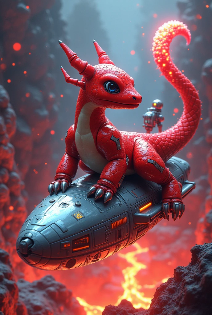 a red Charmander laying on top of a boat near the magma, cyberpunk art, computer art, mechanical robotic , cyborg , Charmander fine details. anime. tentacles, cgsociety )