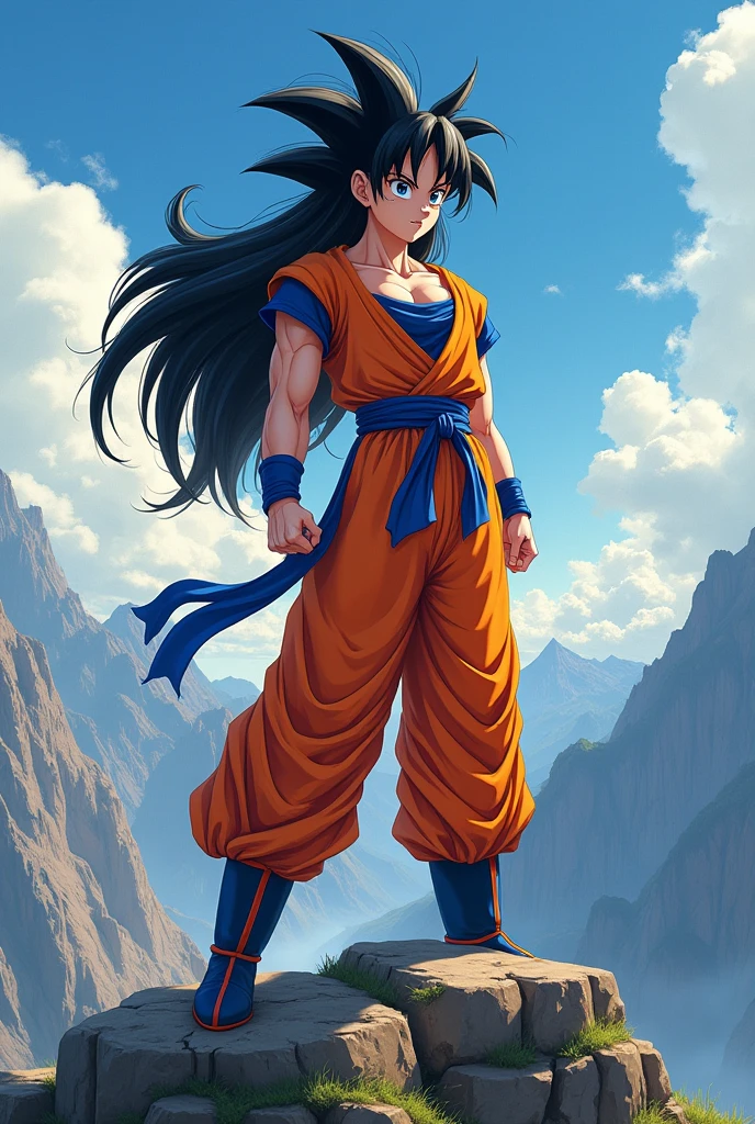 Une image réelle de Son Goku en version féminine. Belle, debout sur une montagne, l'image est incroyablement réaliste.