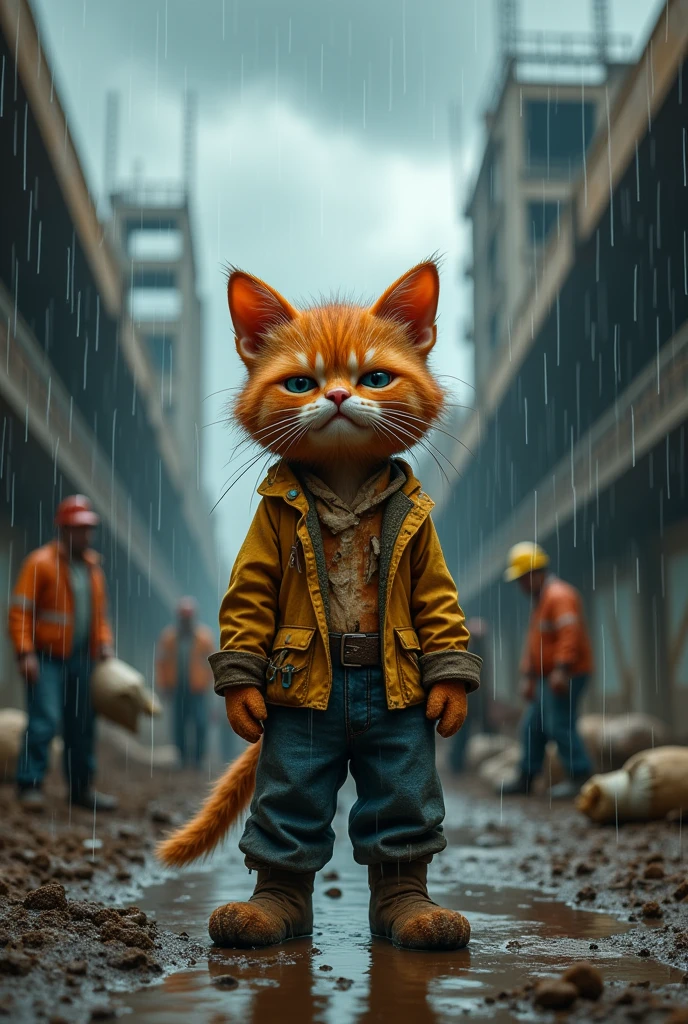In heavy rain,A soaking wet、A dirty, anthropomorphic orange cat,wearing ripped raggedy clothes,Carrying a heavy bag of cement。There's water all over the ground,The background is a construction site,Workers are carrying cement。The picture is very real,Rich in details。Scale 1.1