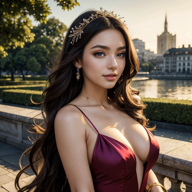 (​masterpiece, best quality:1.5), highest quality, High resolution, super detailed, Realists, Bust portrait of a 22-year-old brunette woman,  detailed and beautiful eyes, beautiful detailed lips, very detailed eyes and face, longeyelashes, A 22-year-old woman in a long evening gown made of shimmering satin, Beautiful and colorful makeup, elegant and noble々Pose,shiny satin headband,, City as background, bright daylight, bright colors, fine brushstrokes, Portrait style, beautiful color palette, glowing skin, First-class rendering, that captures every detail, enchanting atmosphere, (perfect anatomy:1.2), (The stunning woman is wearing a long evening gown. She smiles flirtatiously., She stands and shows off her figure,  (magnificent panorama view:1.2)