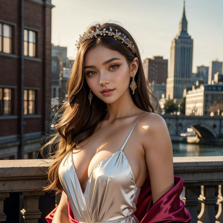 (masterpiece, best quality:1.5), highest quality, High resolution, super detailed, Realists, Bust portrait of a 22-year-old brunette woman, detailed and beautiful eyes, beautiful detailed lips, very detailed eyes and face, longeyelashes, A 22-year-old woman in a long evening gown made of shimmering satin, Beautiful and colorful makeup, elegant and noble々Pose,shiny satin headband,, City as background, bright daylight, bright colors, fine brushstrokes, Portrait style, beautiful color palette, glowing skin, First-class rendering, that captures every detail, enchanting atmosphere, (perfect anatomy:1.2), (The stunning woman is wearing a long evening gown. She smiles flirtatiously., She stands and shows off her figure, (magnificent panorama view:1.2)