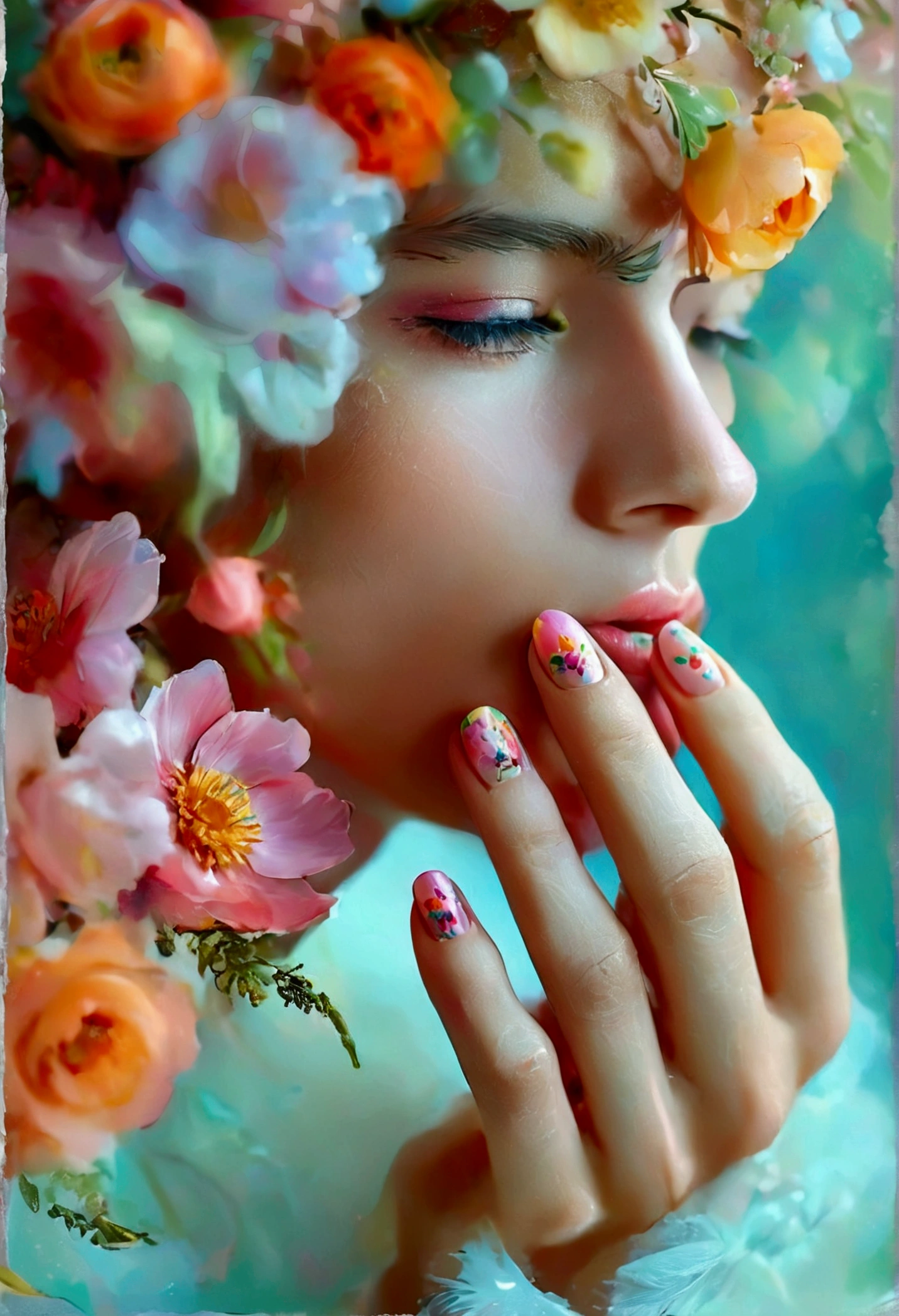 an image of vibrant flowers delicately painted on fingernail, extremely detailed nail art design, cute manicurist in nail salon, vibrant colors