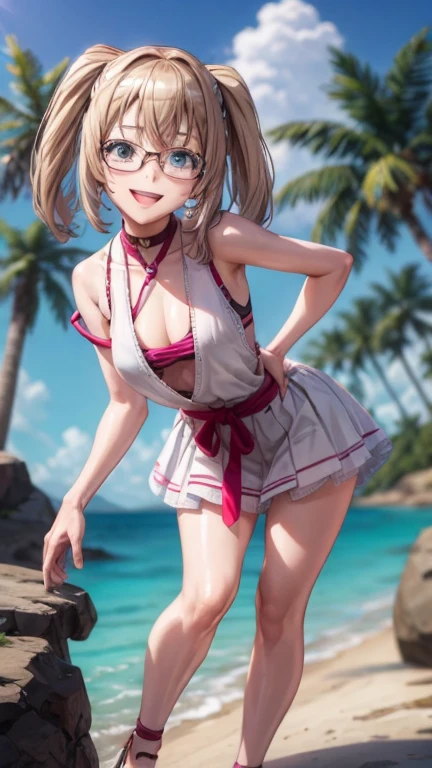 1 female,,Blonde,(Mini skirt and large white vest, (), , Natural smile,,Frameless glasses,(((Lean forward)))